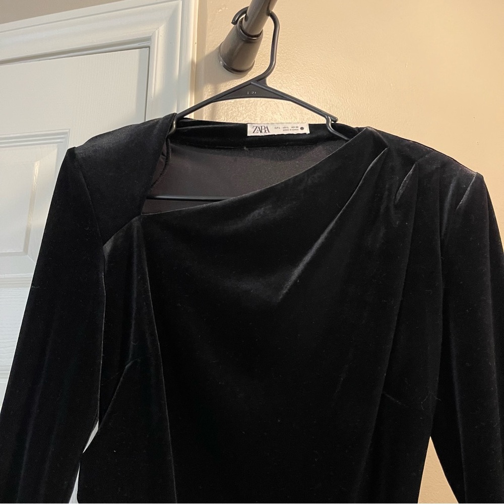 Zara Draped Black Velvet Dress, Size L - Picture 3 of 4